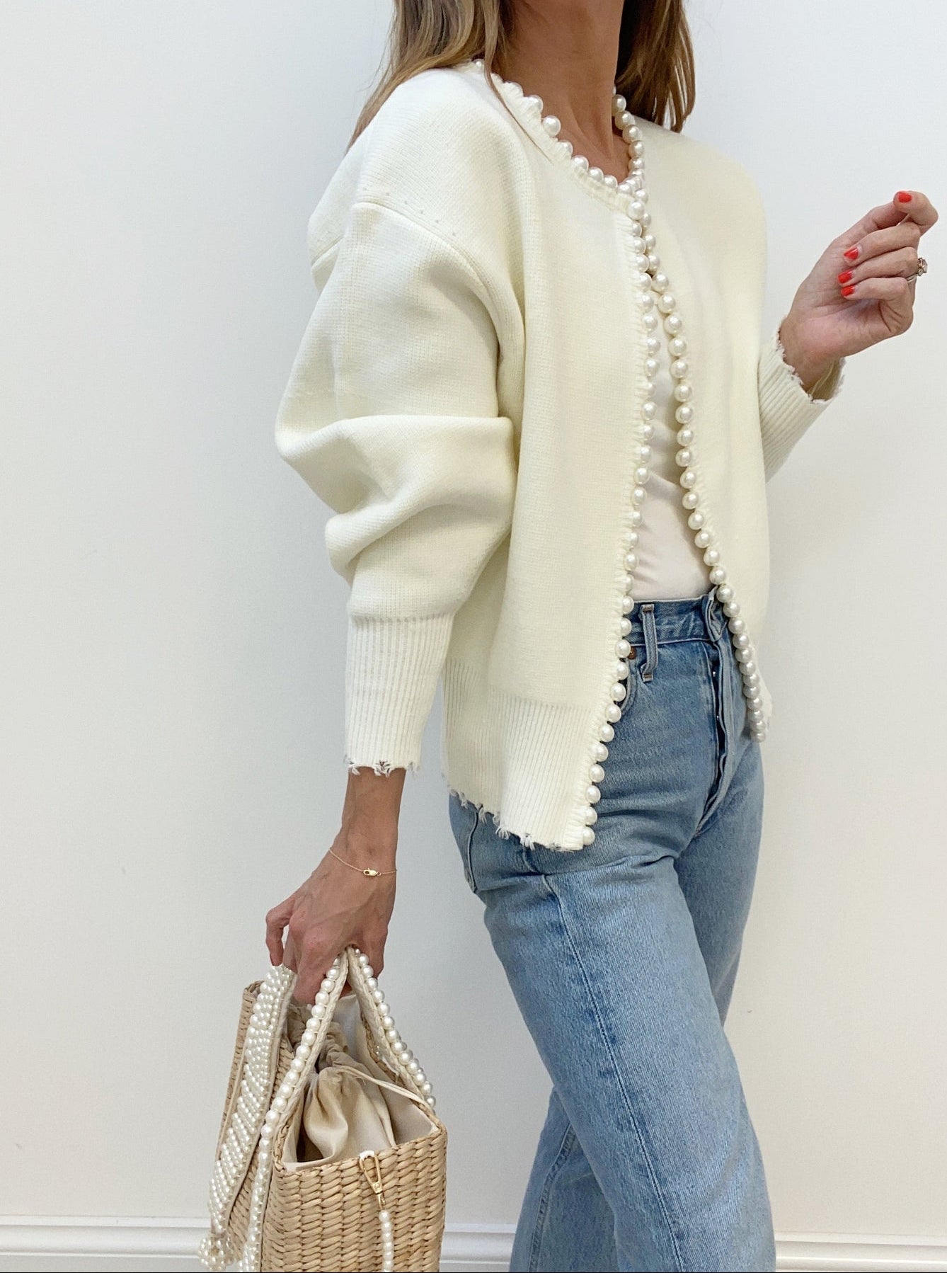 Pearl Button Knit Cardigan with Distressed Hem