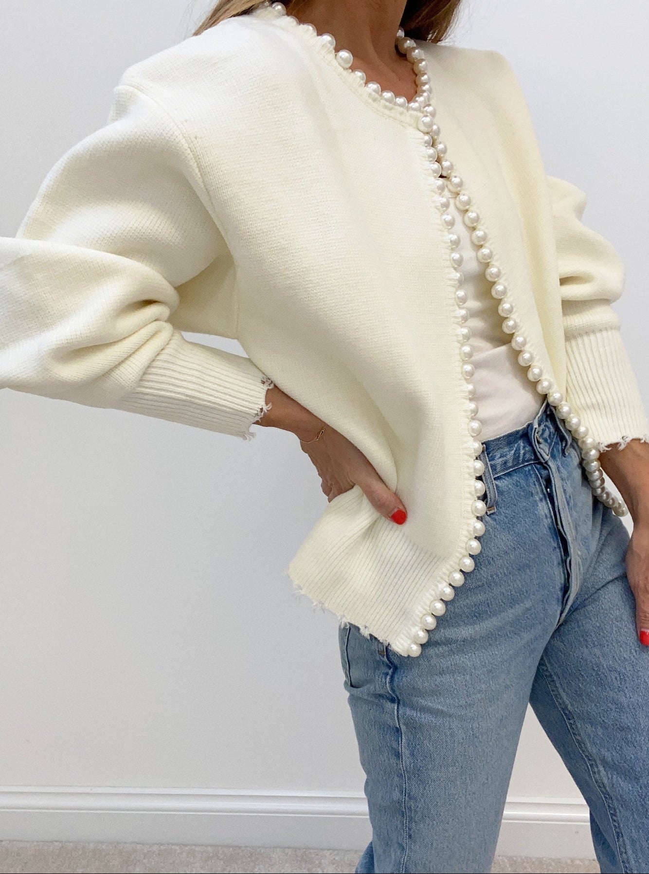 Pearl Button Knit Cardigan with Distressed Hem