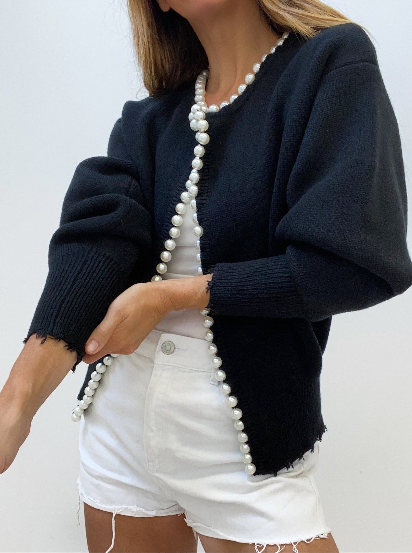 Pearl Button Knit Cardigan with Distressed Hem