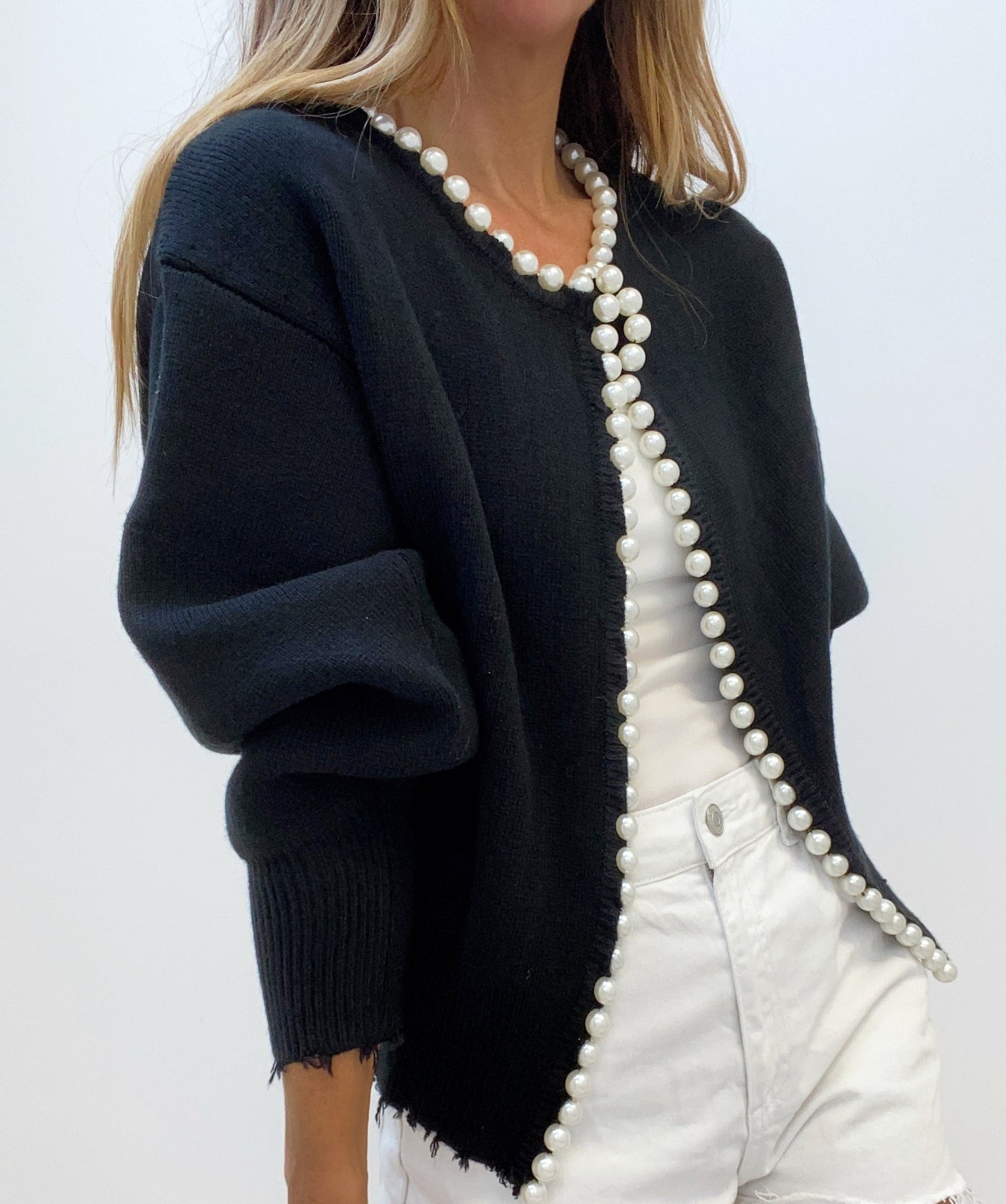 Pearl Button Knit Cardigan with Distressed Hem