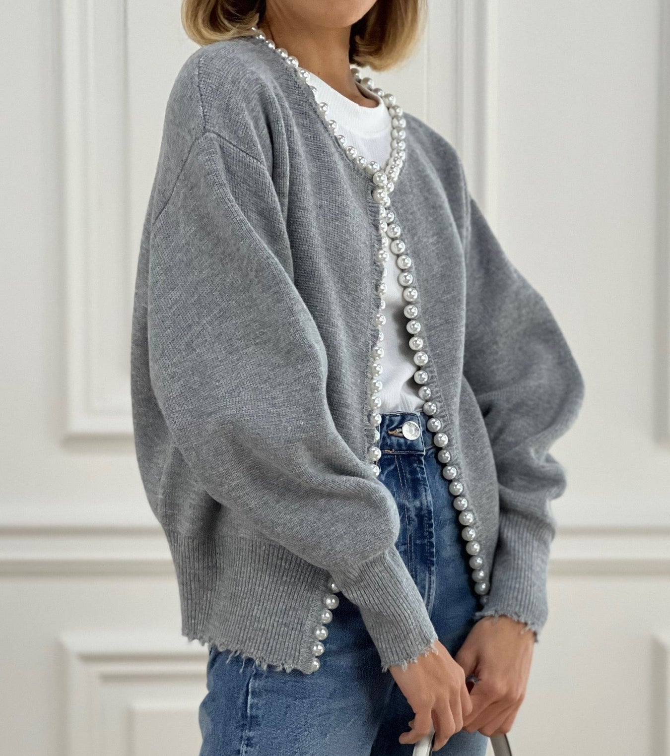 Pearl Button Knit Cardigan with Distressed Hem