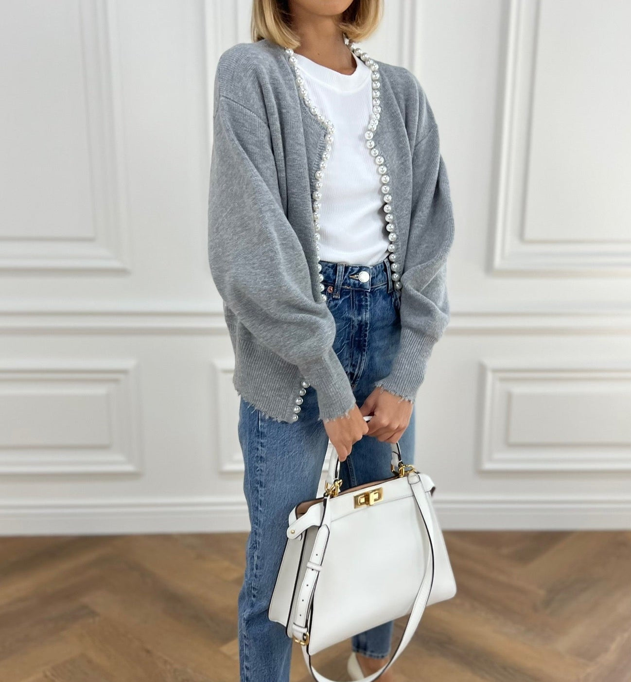 Pearl Button Knit Cardigan with Distressed Hem