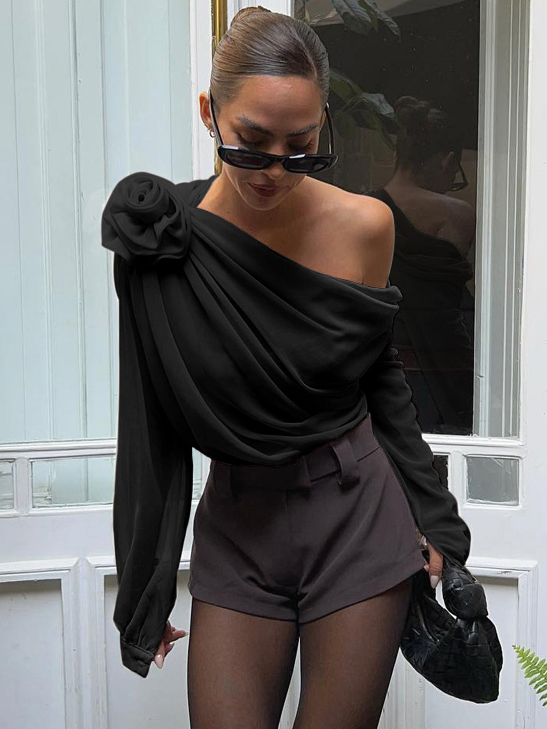 One Shoulder Chiffon Blouse for Women