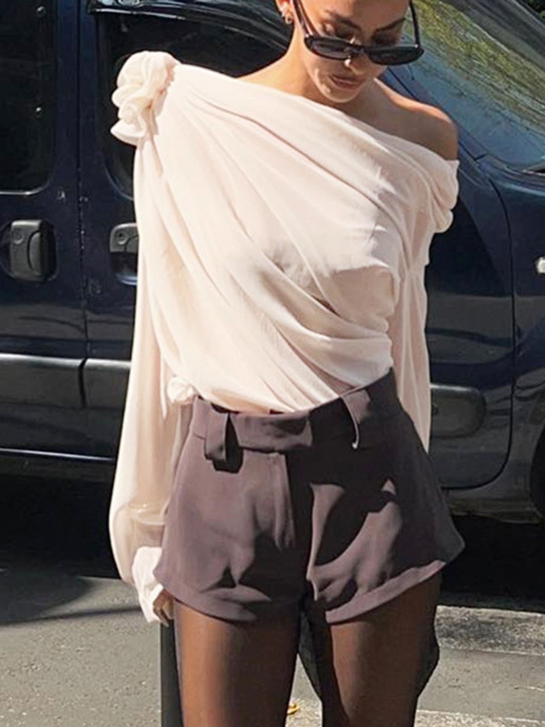 One Shoulder Chiffon Blouse for Women