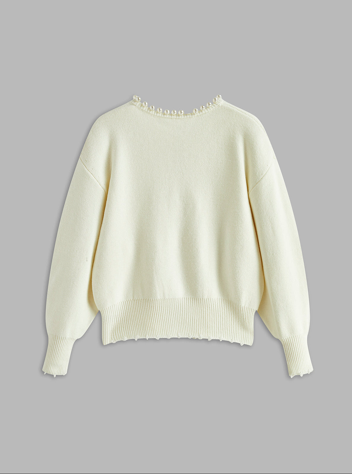 Pearl Button Knit Cardigan with Distressed Hem