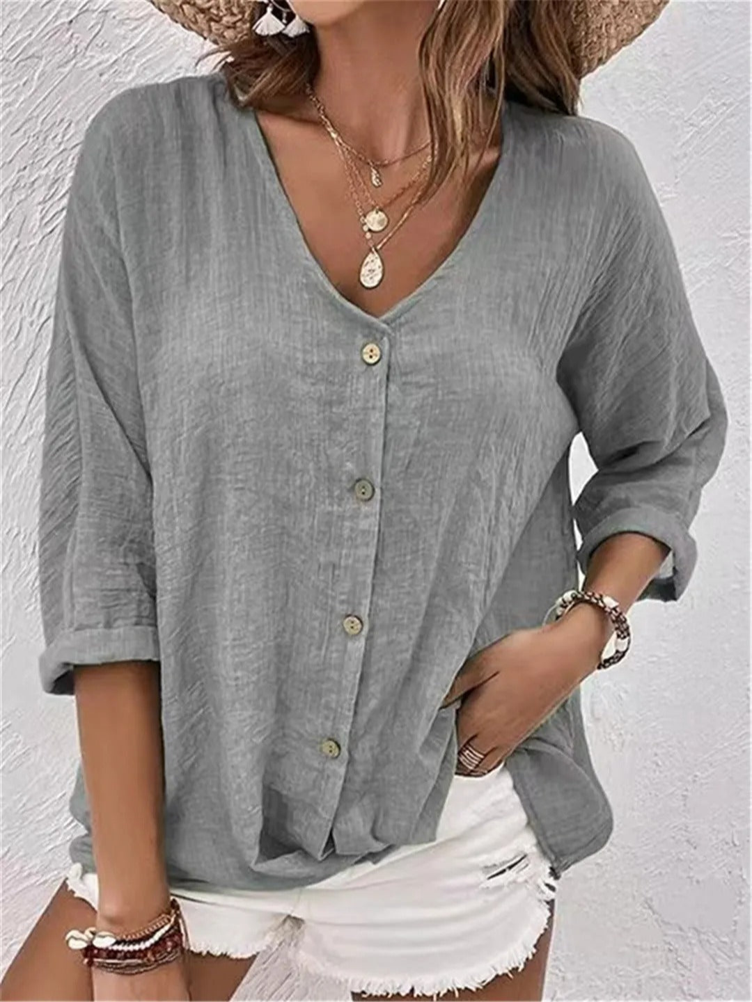 Women’s Crinkle Cotton V-Neck Top