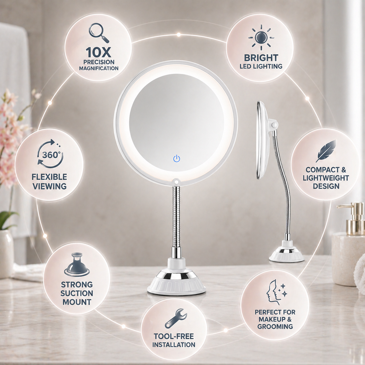 LED Magnifying Bathroom Mirror with Adjustable Wall Arm
