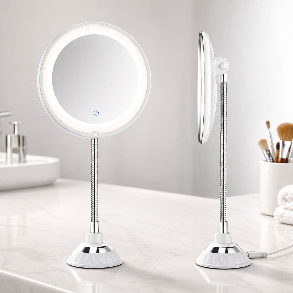 LED Magnifying Bathroom Mirror with Adjustable Wall Arm
