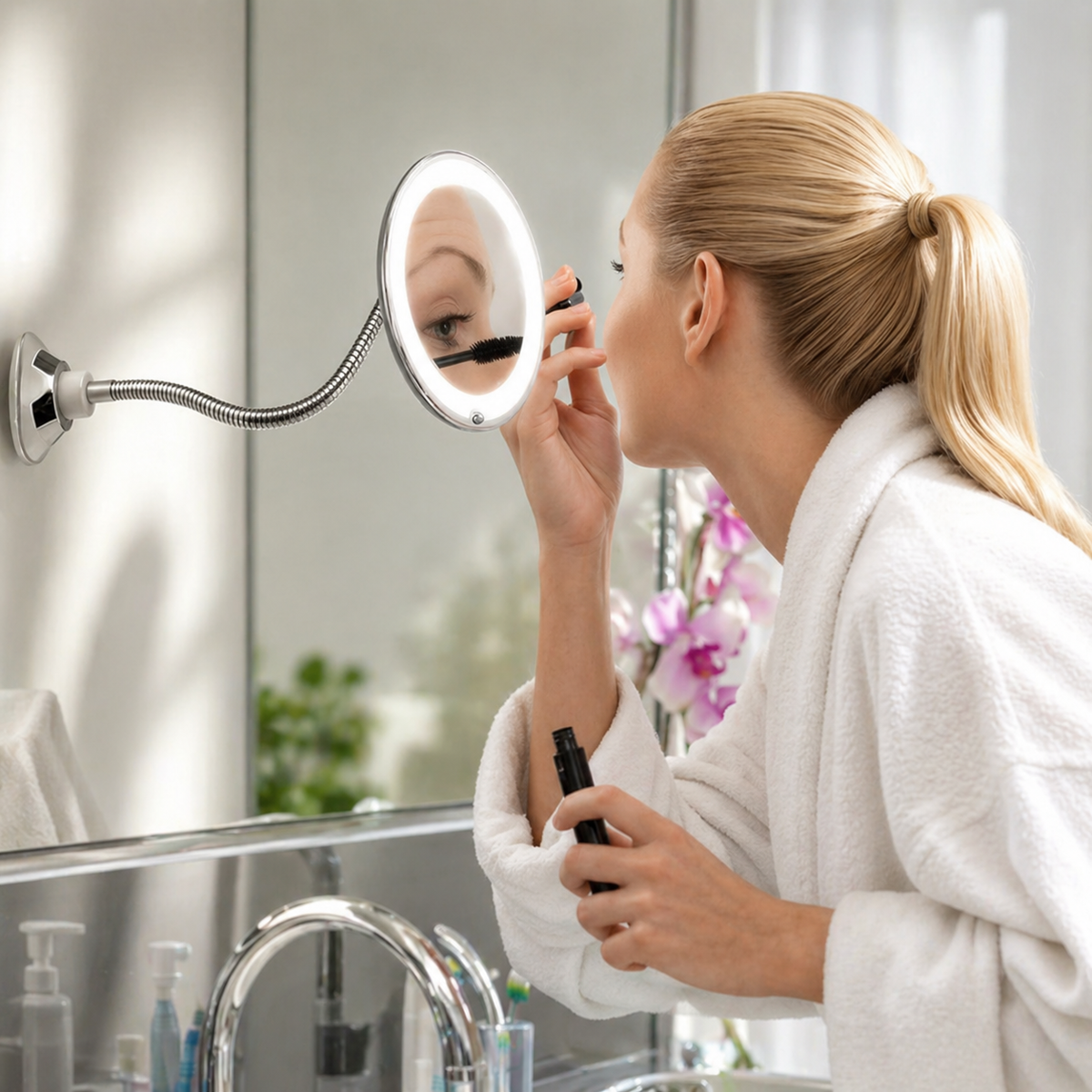 LED Magnifying Bathroom Mirror with Adjustable Wall Arm