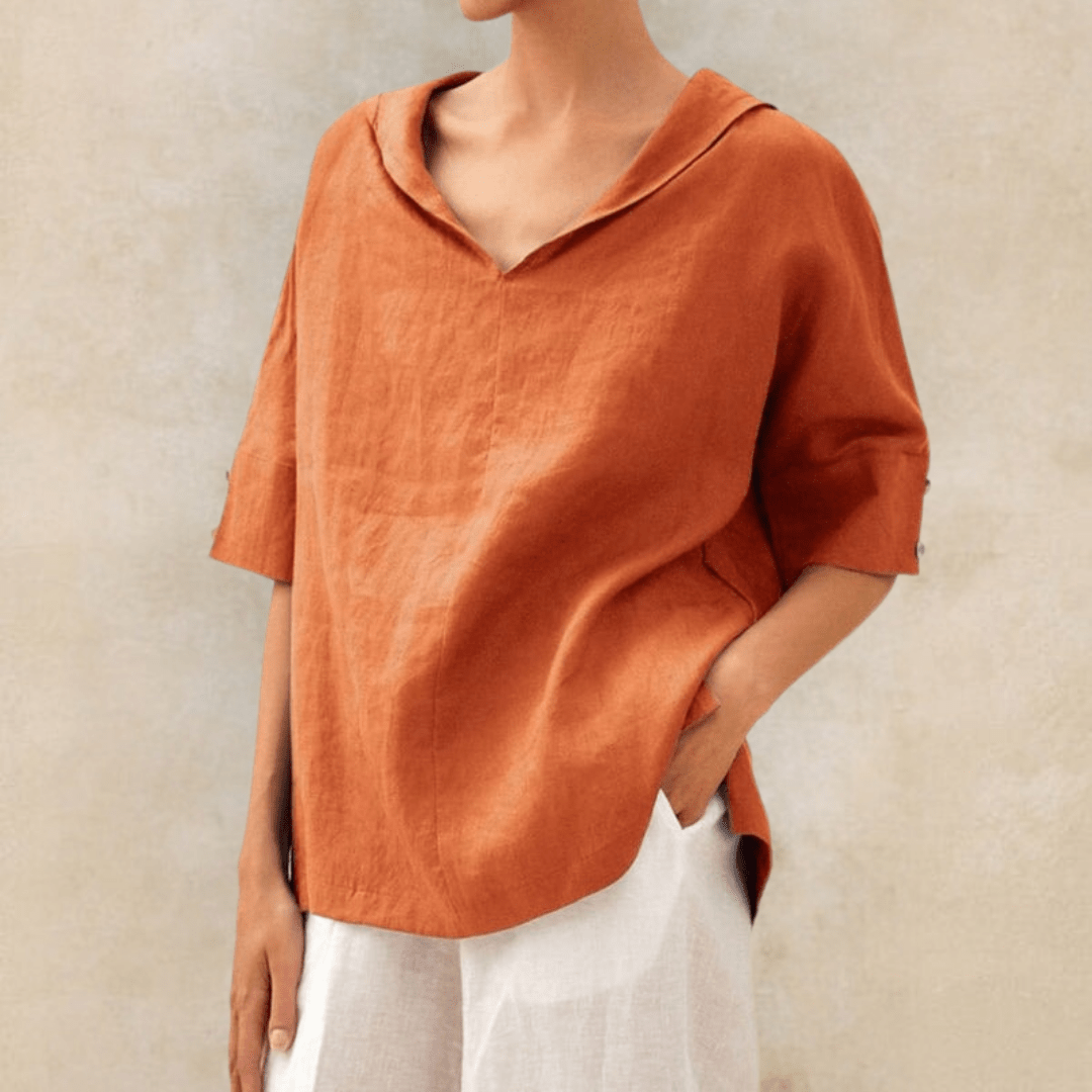 Women’s Linen Tunic Top with Collared V-Neck