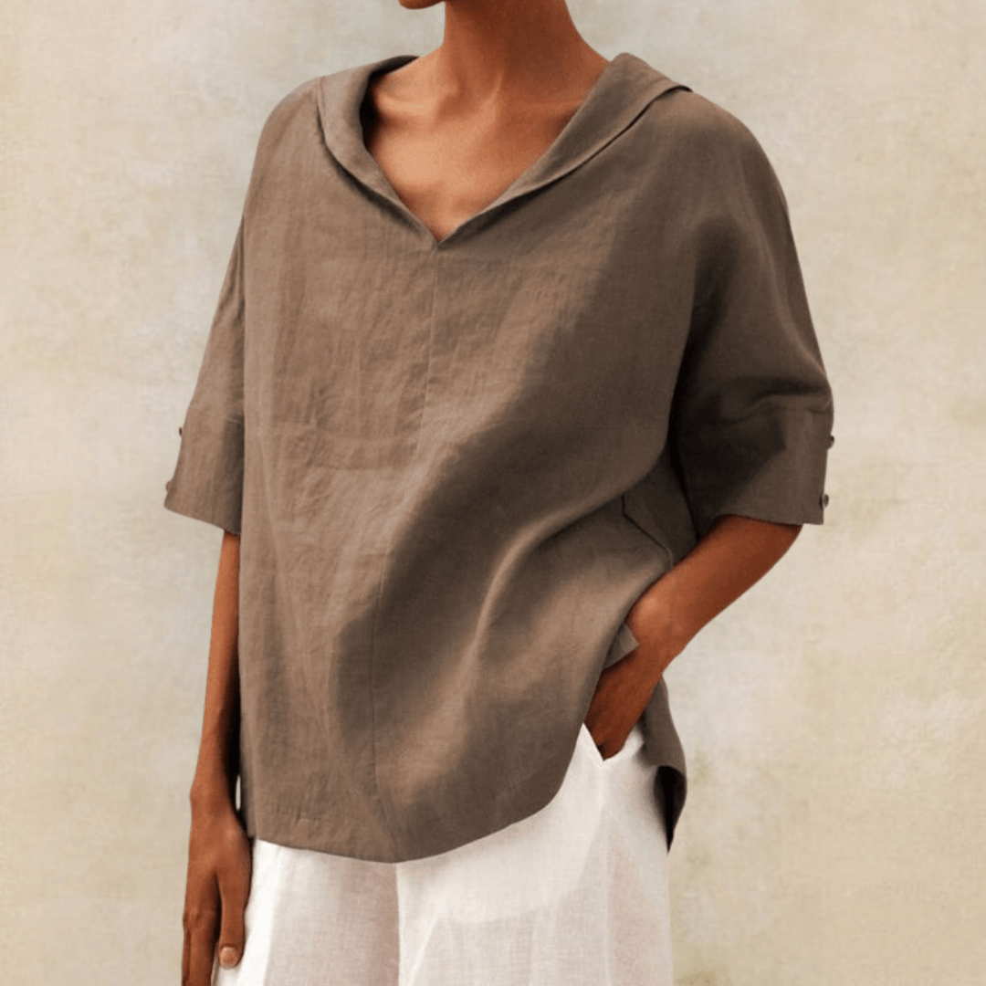 Women’s Linen Tunic Top with Collared V-Neck