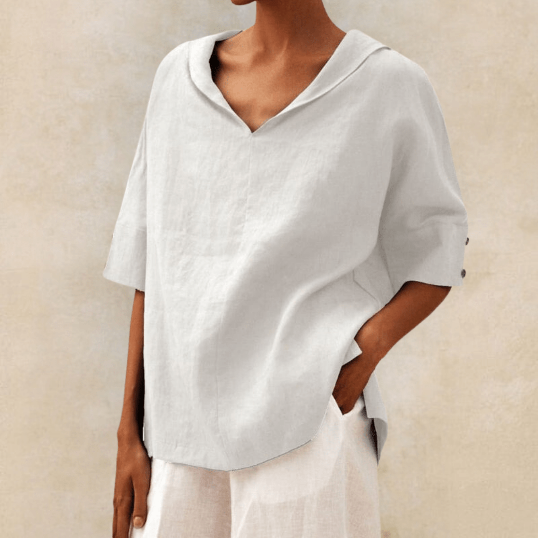 Women’s Linen Tunic Top with Collared V-Neck