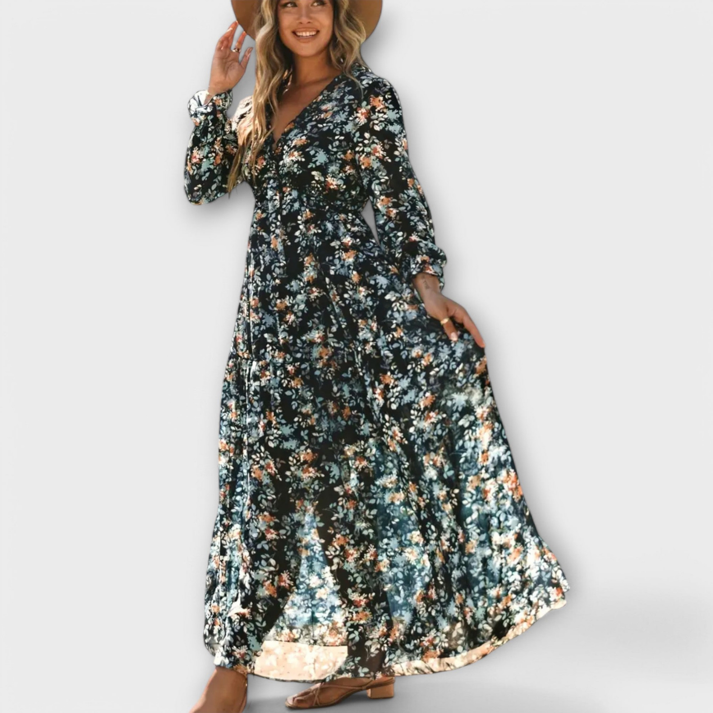 Women’s Floral Chiffon Maxi Dress with Ruffle Neck