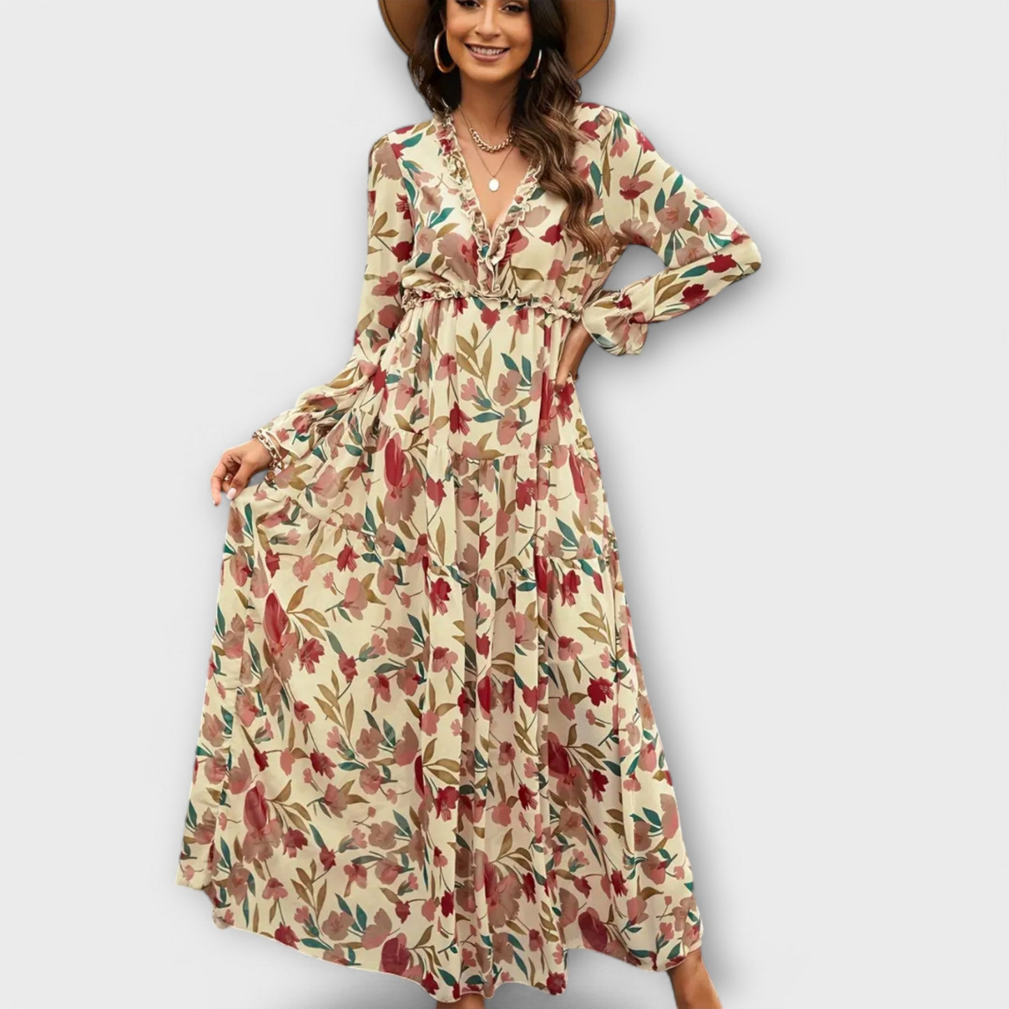 Women’s Floral Chiffon Maxi Dress with Ruffle Neck