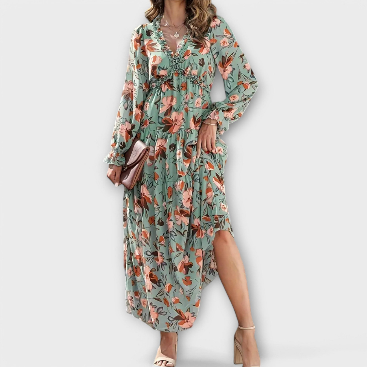Women’s Floral Chiffon Maxi Dress with Ruffle Neck