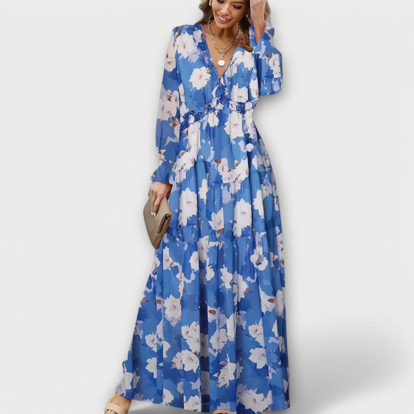 Women’s Floral Chiffon Maxi Dress with Ruffle Neck