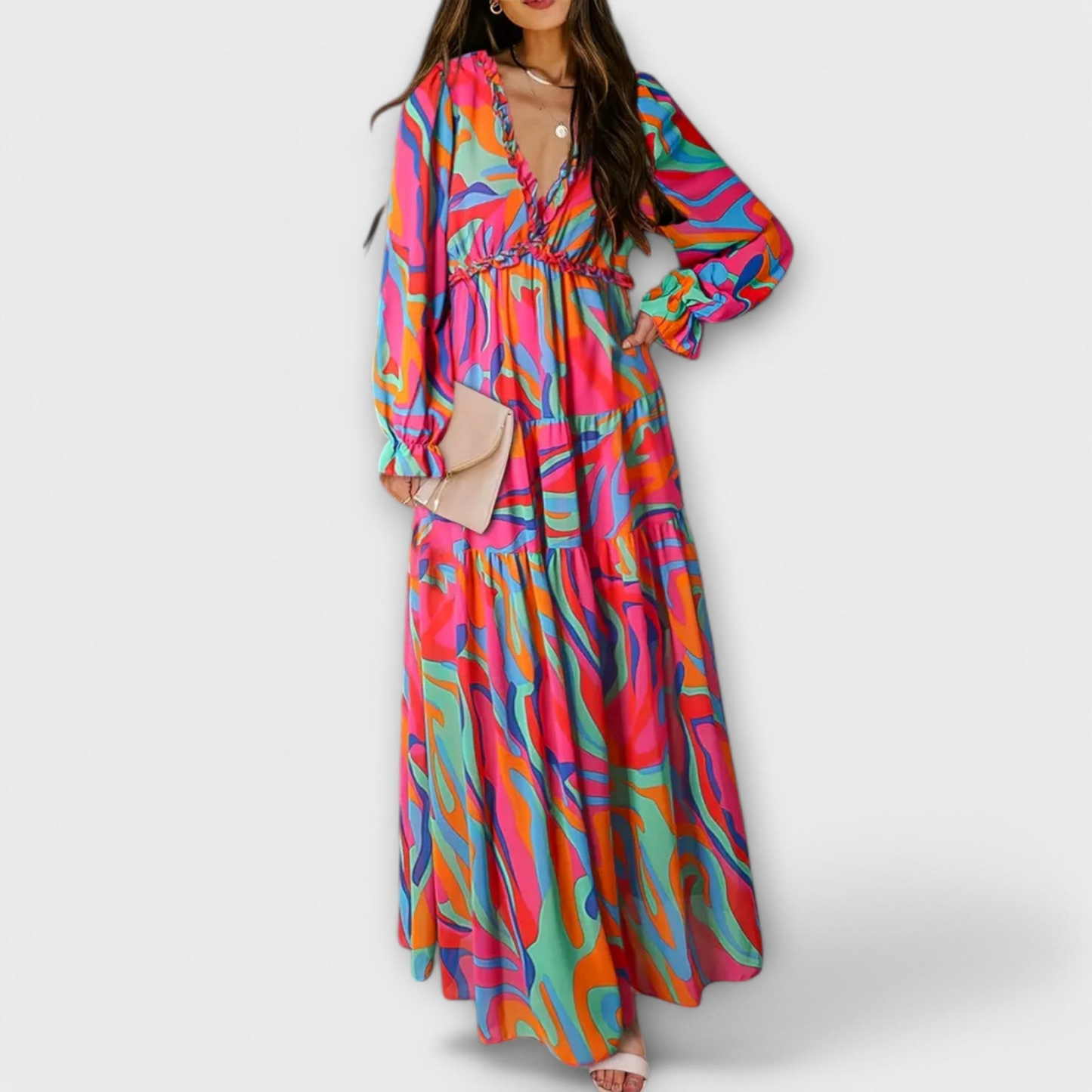 Women’s Floral Chiffon Maxi Dress with Ruffle Neck