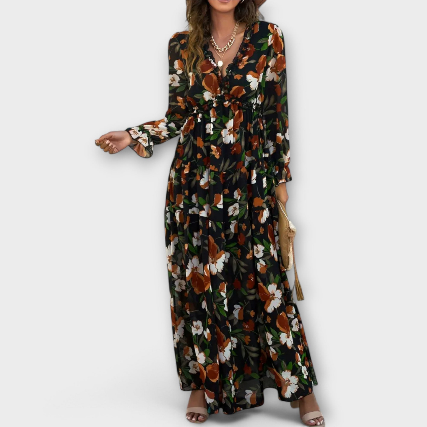 Women’s Floral Chiffon Maxi Dress with Ruffle Neck