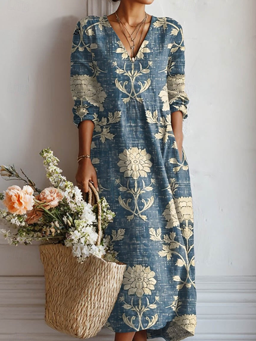 Women’s Linen Floral Midi Dress with Pockets