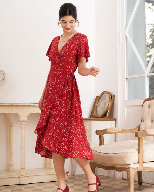 Polka Dot Ruffle Wrap Dress for Women