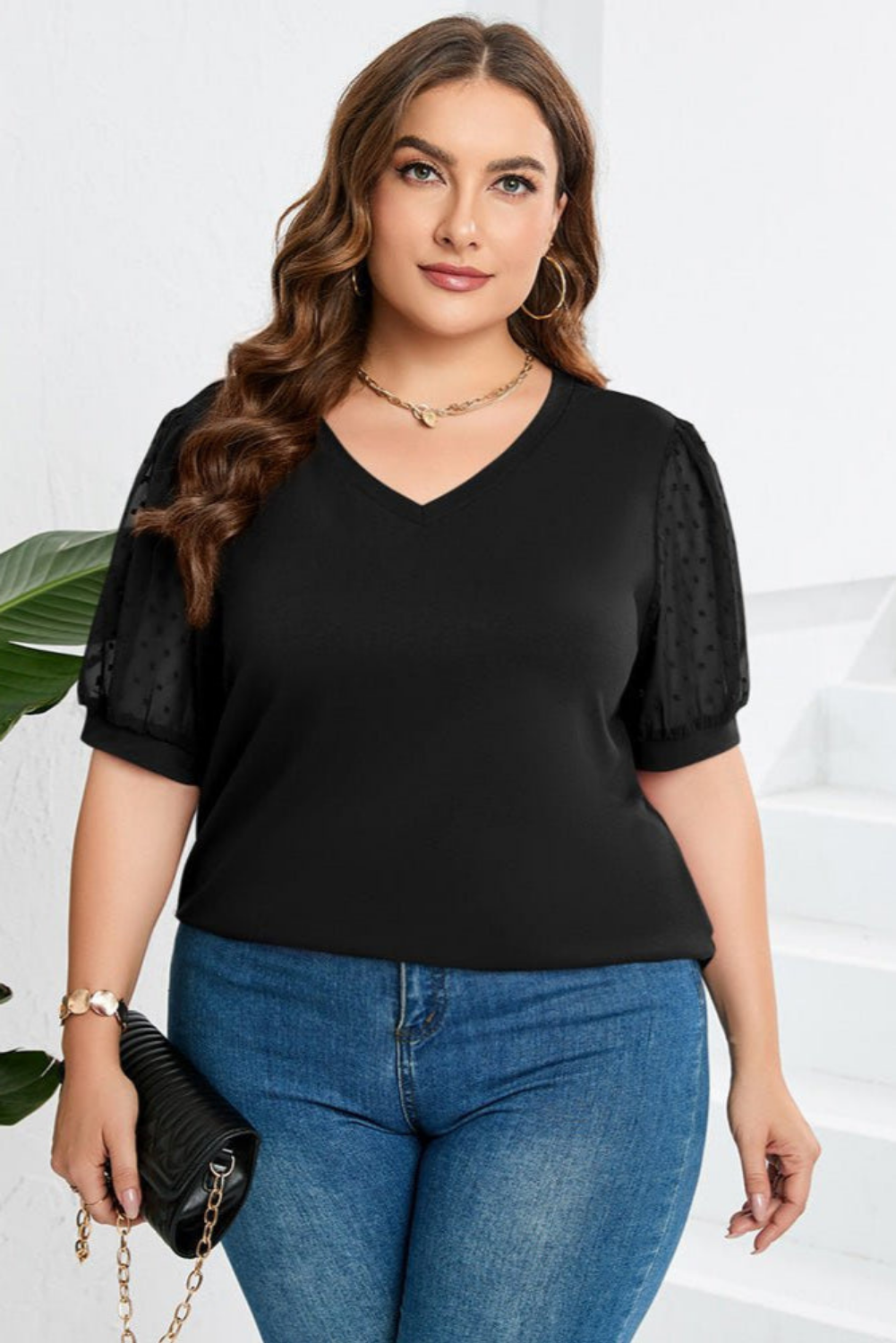 Women’s Cotton Top with Swiss Dot Puff Sleeves