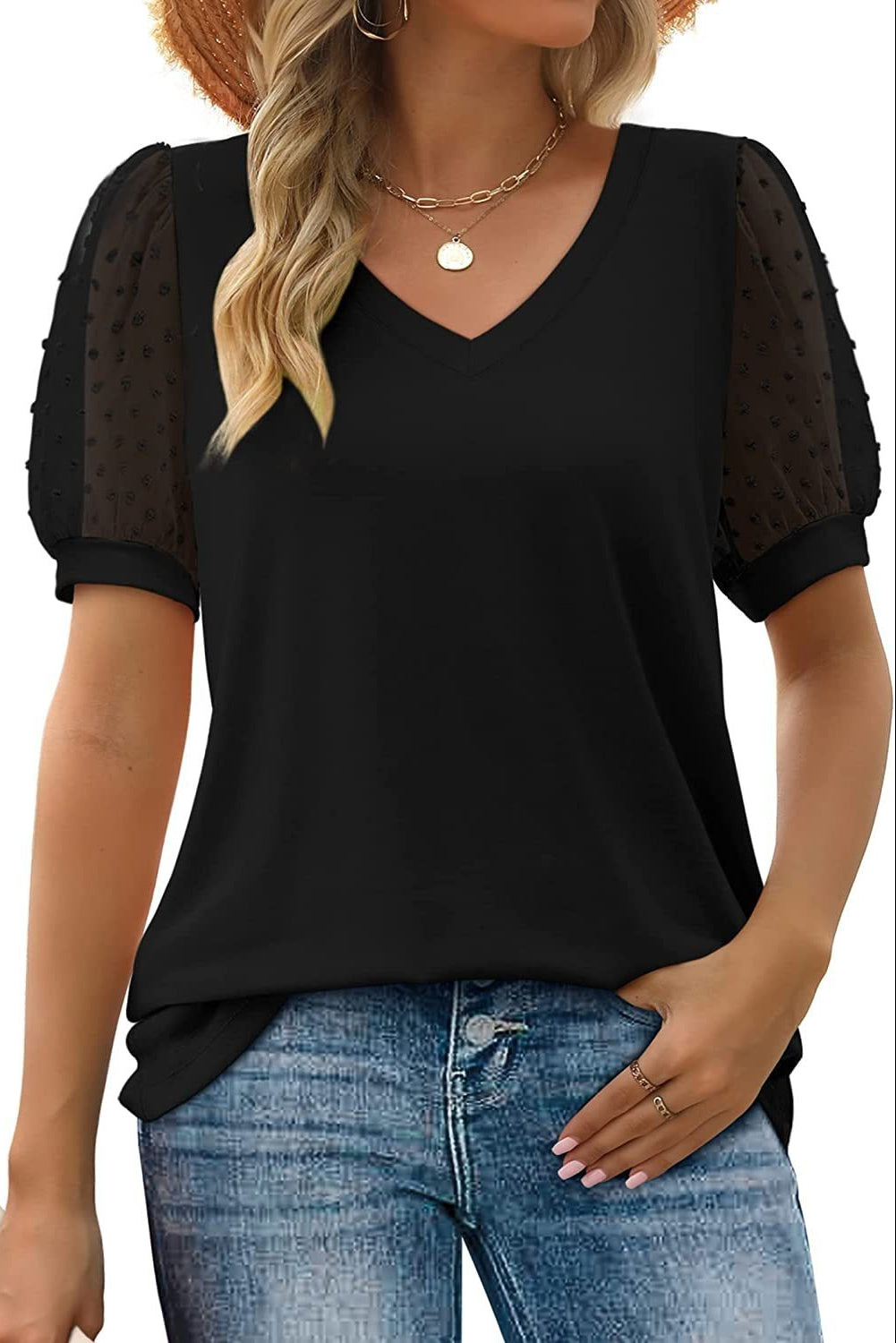 Women’s Cotton Top with Swiss Dot Puff Sleeves