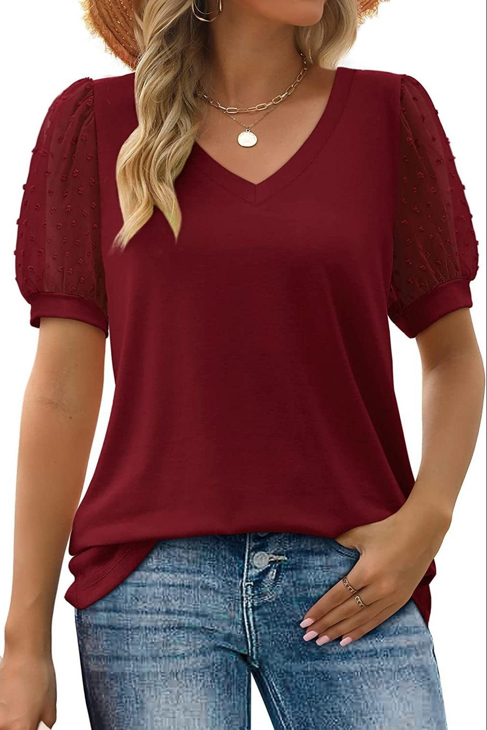 Women’s Cotton Top with Swiss Dot Puff Sleeves