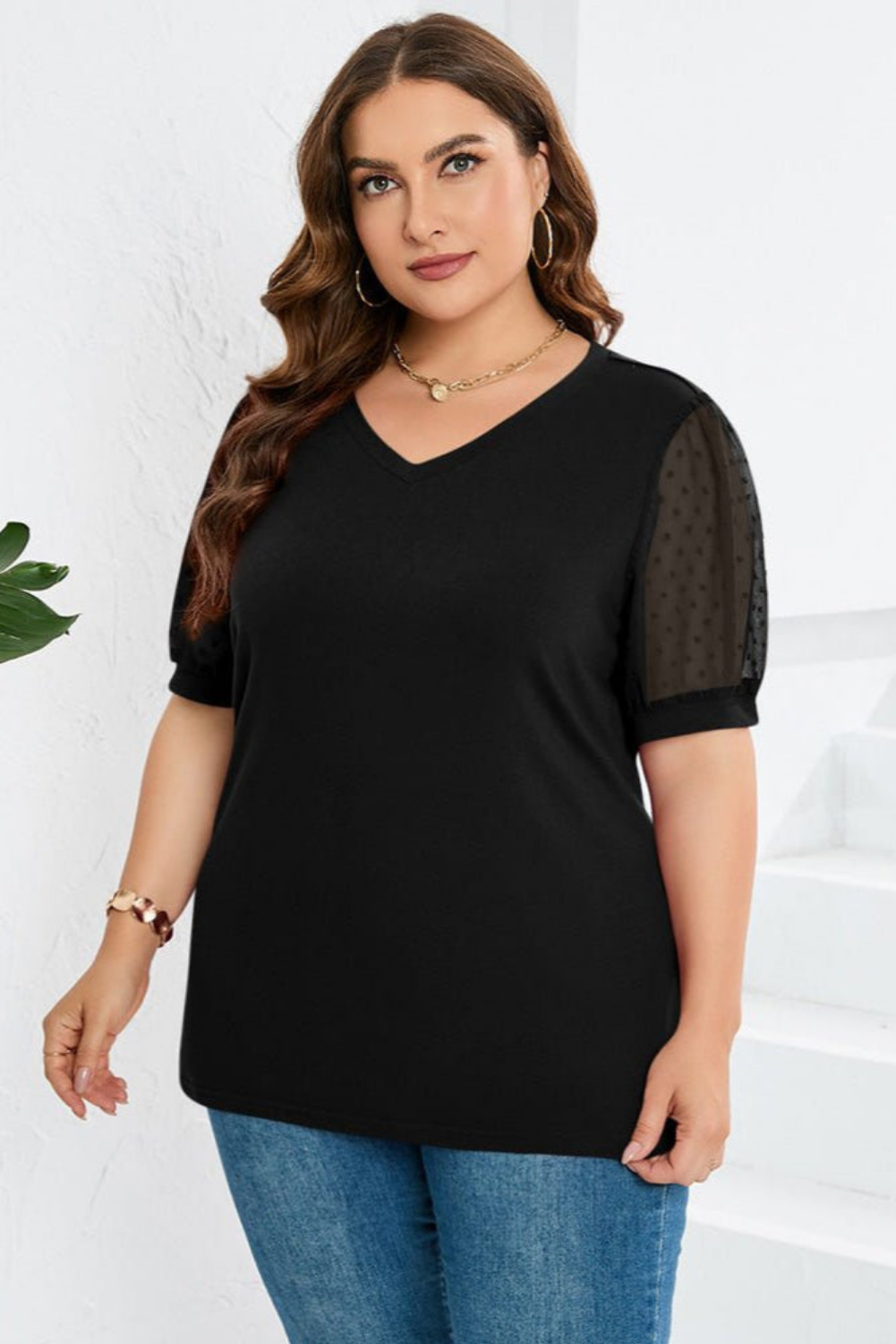 Women’s Cotton Top with Swiss Dot Puff Sleeves
