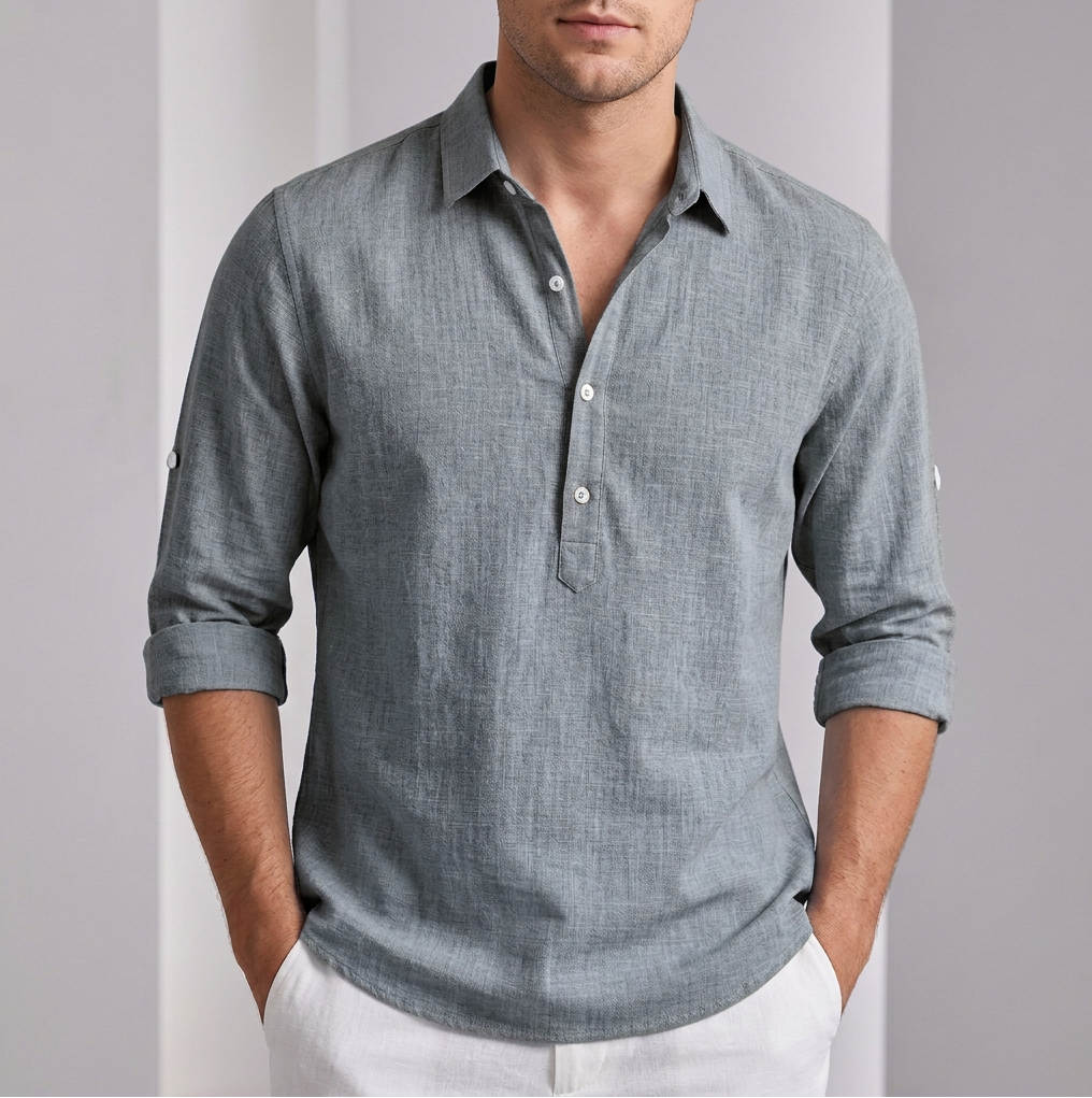 Men’s Lightweight Linen Blend Henley Shirt – Breathable Summer Style