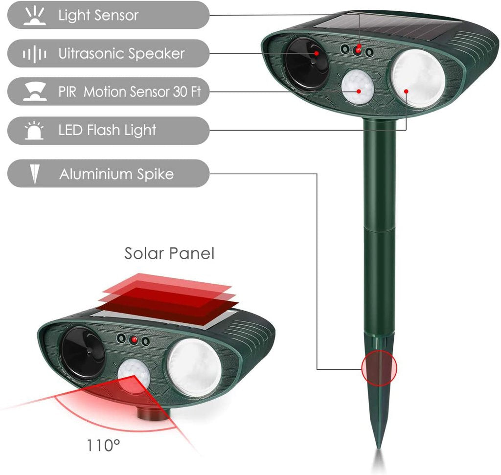 Solar Ultrasonic Rabbit Repeller - Outdoor Motion Flashing Light