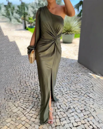 Women’s One-Shoulder Satin Maxi Dress with Twist Waist