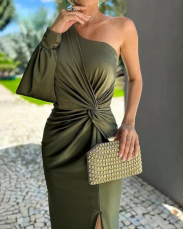 Women’s One-Shoulder Satin Maxi Dress with Twist Waist