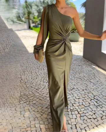 Women’s One-Shoulder Satin Maxi Dress with Twist Waist