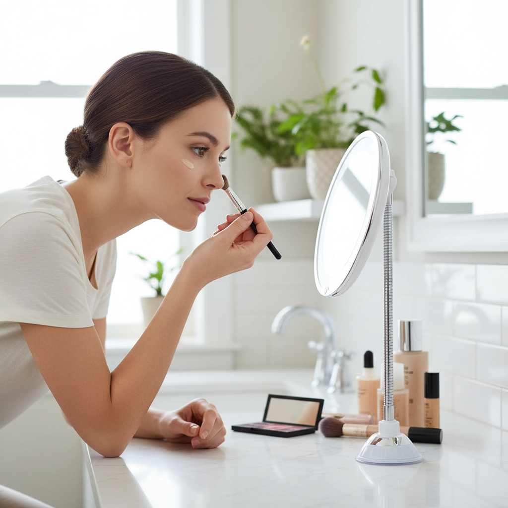 LED Magnifying Bathroom Mirror with Adjustable Wall Arm