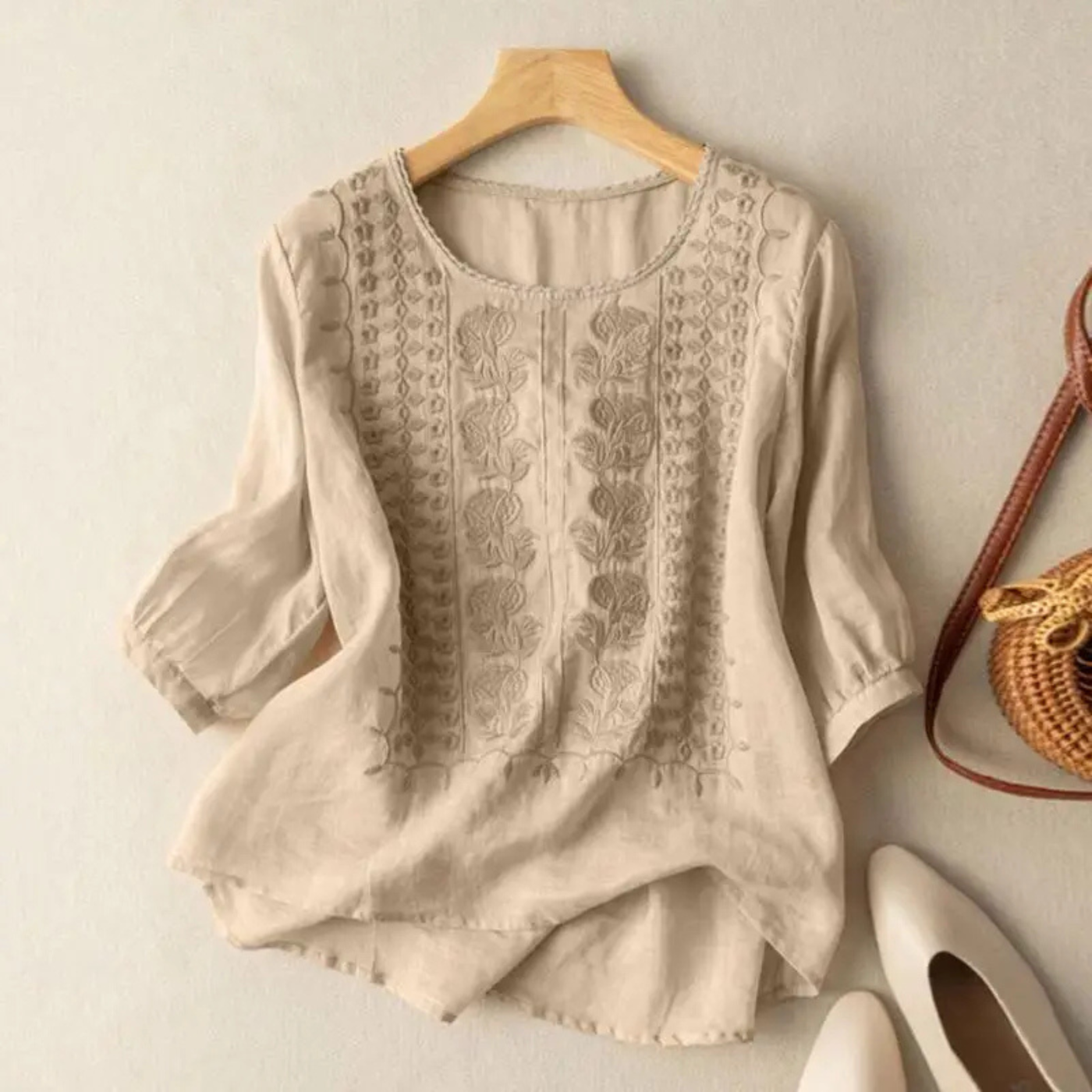 Women’s Embroidered Cotton Blouse with 3/4 Sleeves
