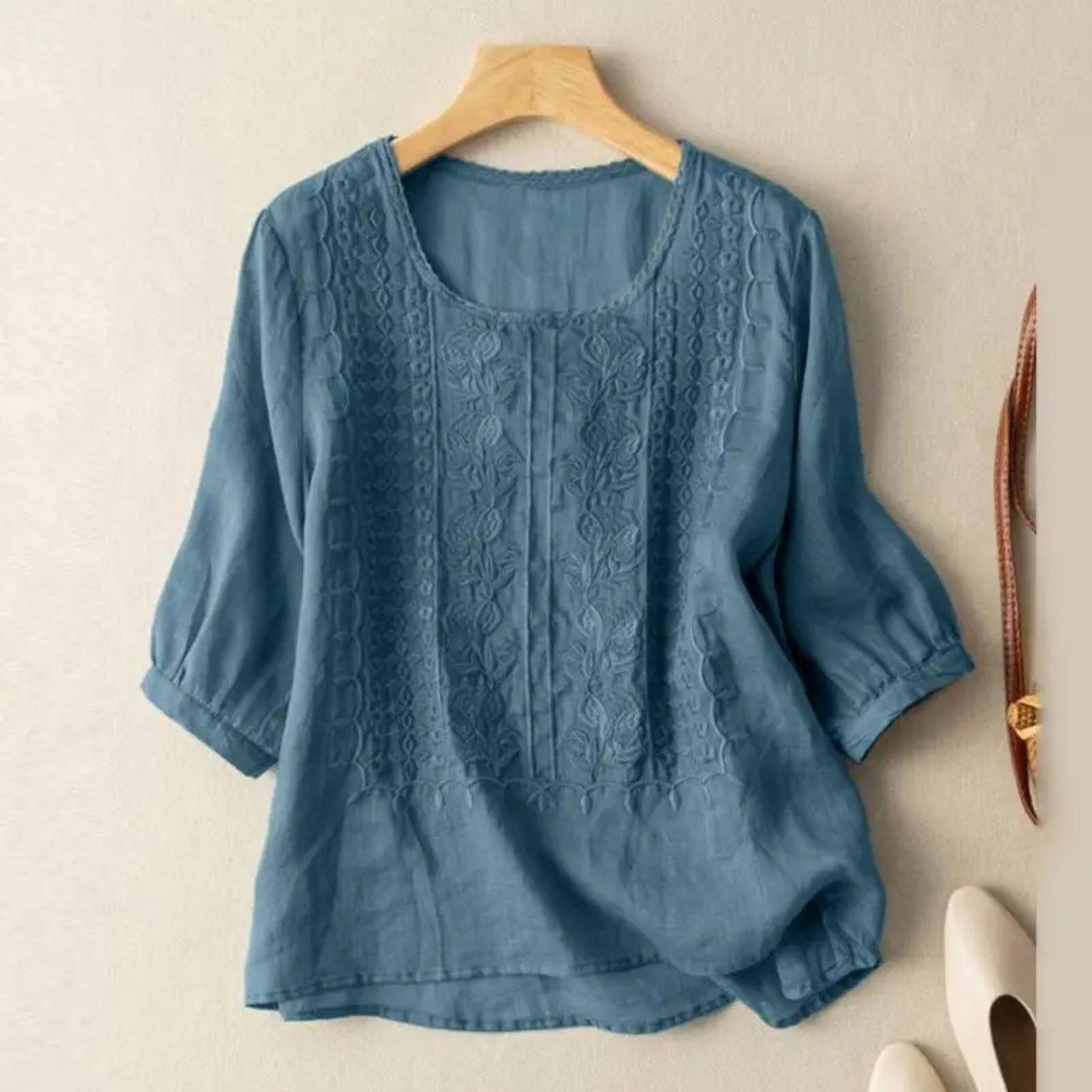 Women’s Embroidered Cotton Blouse with 3/4 Sleeves