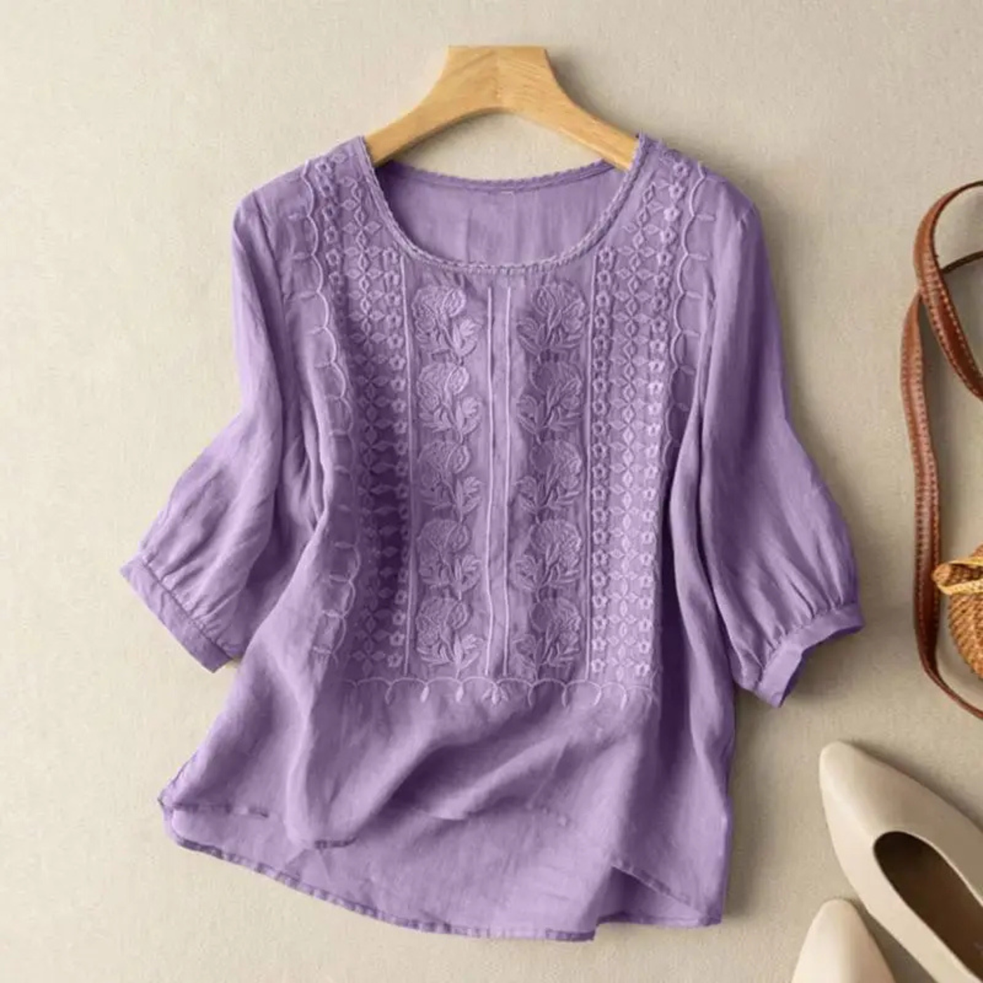 Women’s Embroidered Cotton Blouse with 3/4 Sleeves