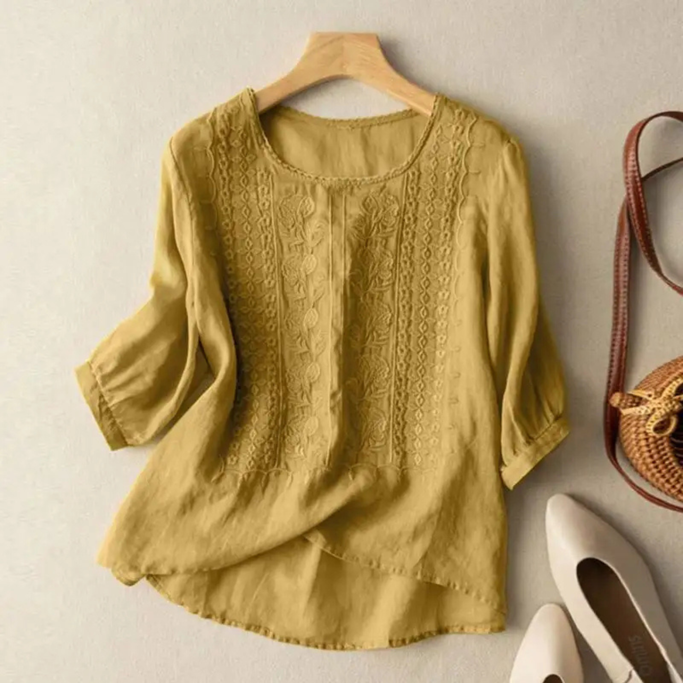 Women’s Embroidered Cotton Blouse with 3/4 Sleeves