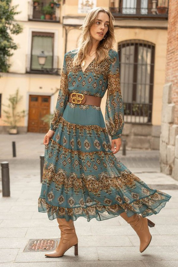 Women’s Boho Chiffon Midi Dress with Puff Sleeves