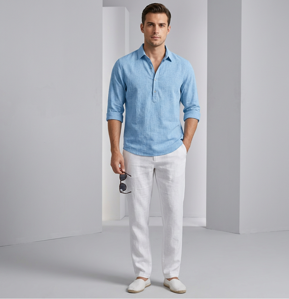 Men’s Lightweight Linen Blend Henley Shirt – Breathable Summer Style