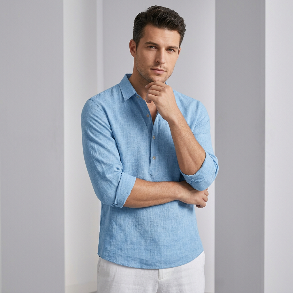 Men’s Lightweight Linen Blend Henley Shirt – Breathable Summer Style