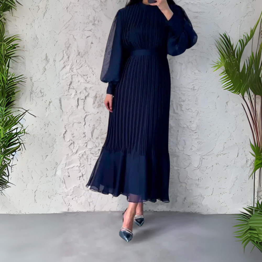 Women’s Pleated Chiffon Maxi Dress with Bishop Sleeves
