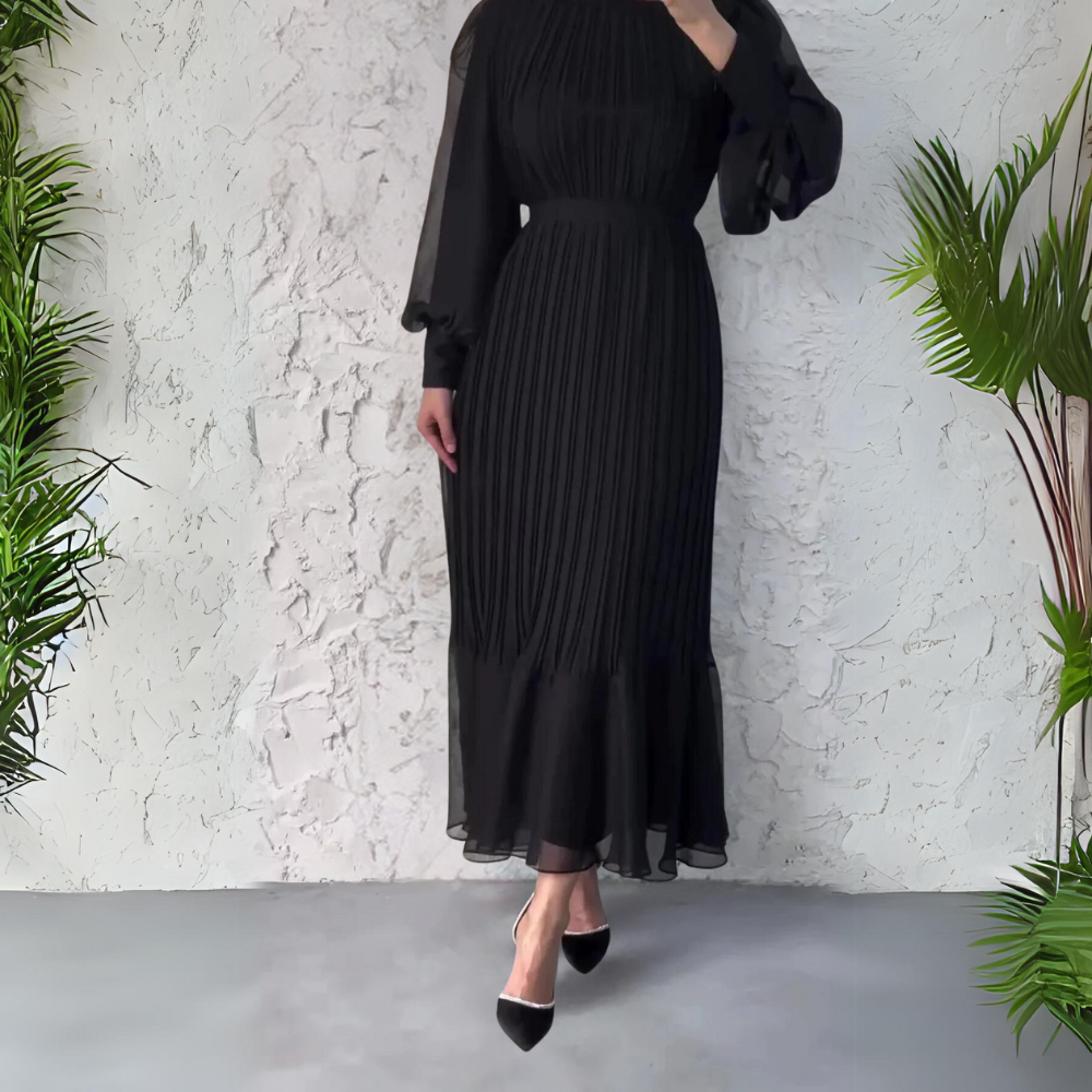 Women’s Pleated Chiffon Maxi Dress with Bishop Sleeves