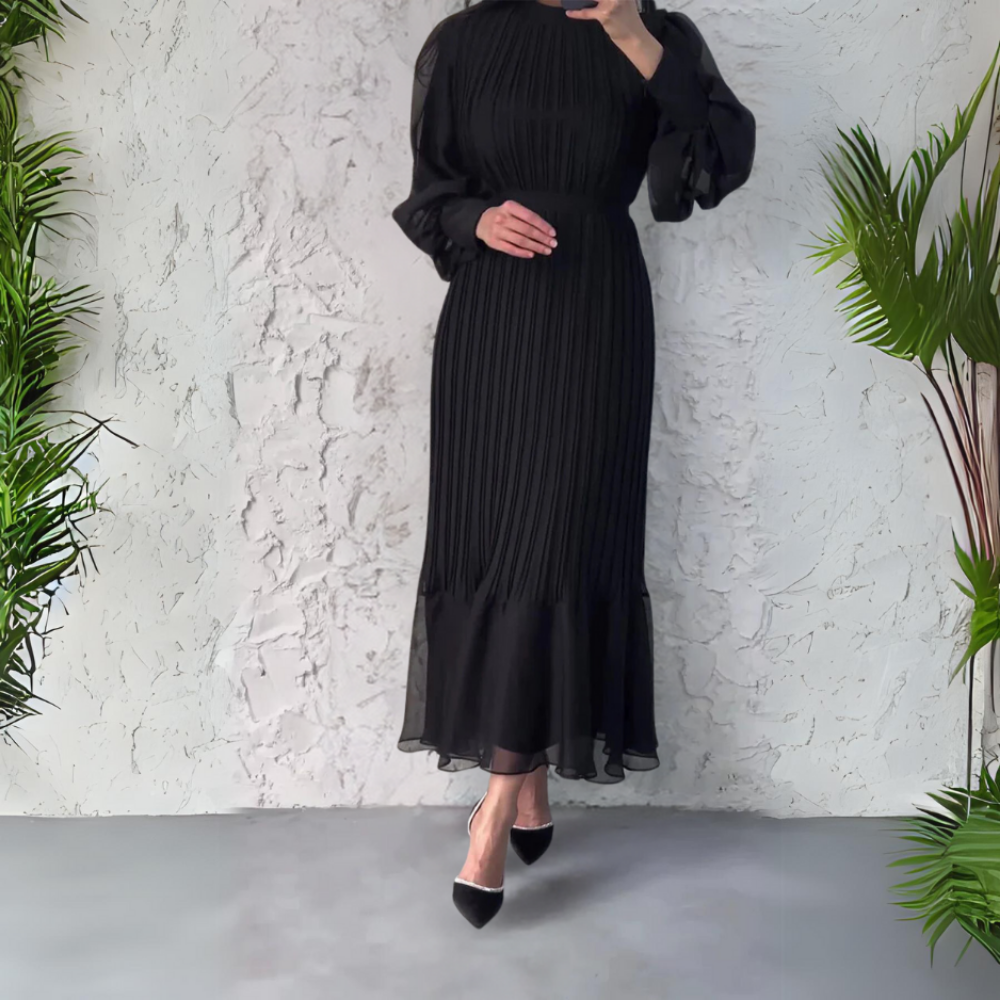 Women’s Pleated Chiffon Maxi Dress with Bishop Sleeves