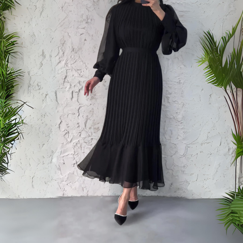 Women’s Pleated Chiffon Maxi Dress with Bishop Sleeves