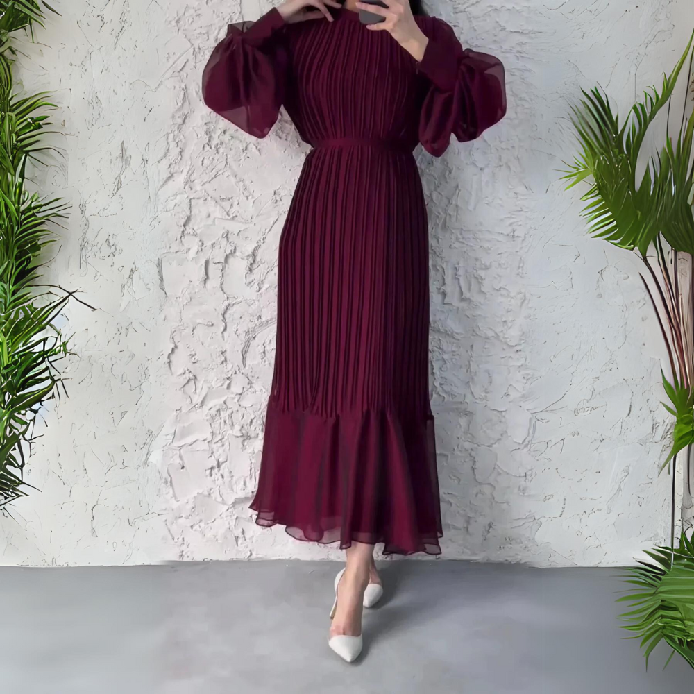 Women’s Pleated Chiffon Maxi Dress with Bishop Sleeves