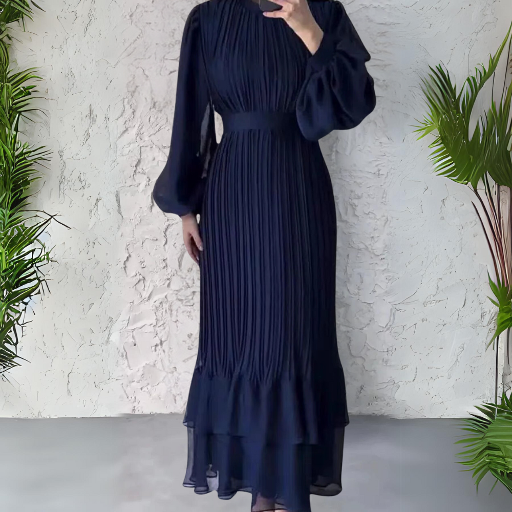 Women’s Pleated Chiffon Maxi Dress with Bishop Sleeves