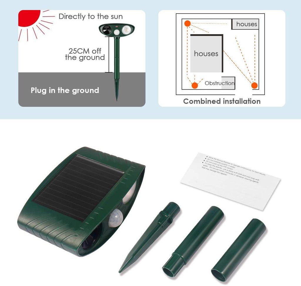 Solar Ultrasonic Rabbit Repeller - Outdoor Motion Flashing Light