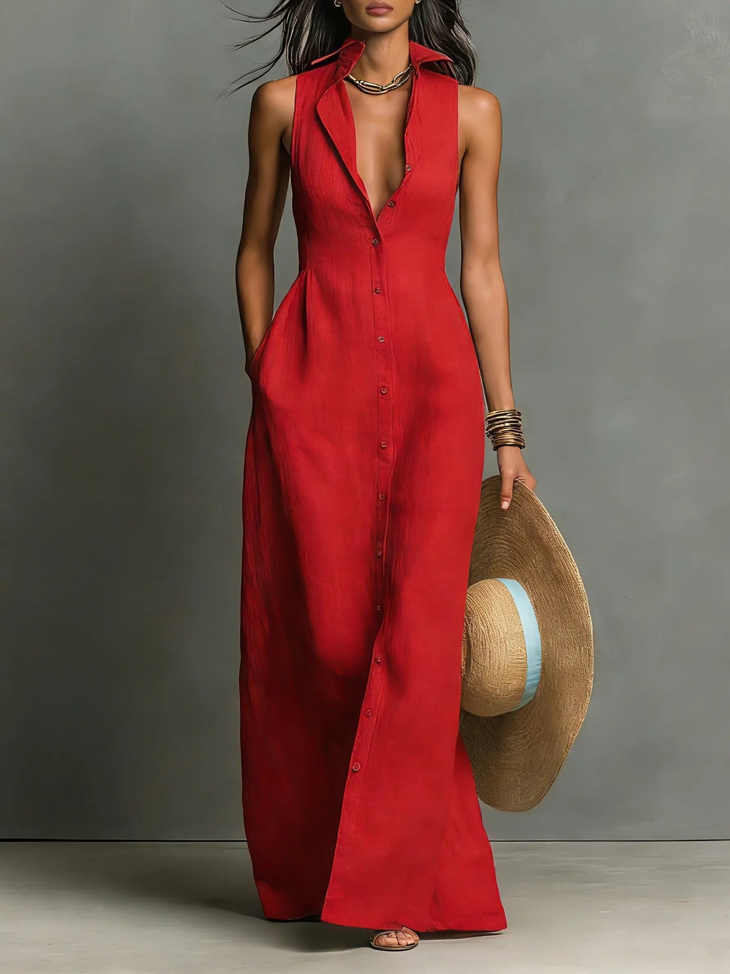 Women’s Sleeveless Linen Blend Maxi Shirt Dress