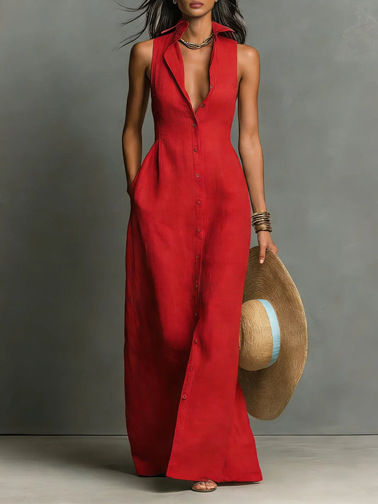Women’s Sleeveless Linen Blend Maxi Shirt Dress